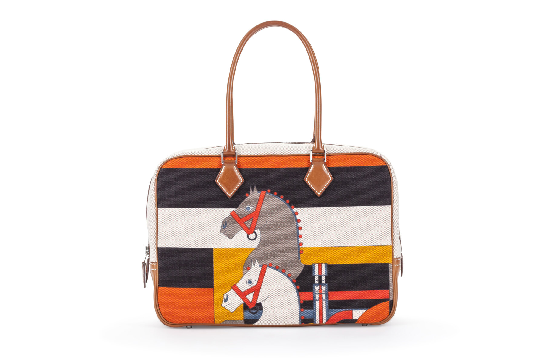 Hermès tote in orange with equestrian print — luxury handbag photography, Hong Kong